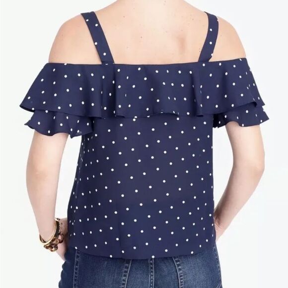 J. Crew Navy/White Polka Dot Ruffled Short Sleeve Cold Shoulder - Picture 2 of 14